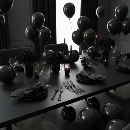 Black plastic forks on chic all-black themed birthday party table with black balloons roses and modern minimalist decor