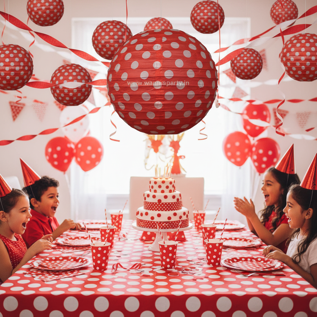 Red Polka Dot Round Paper Lantern at Red and White Birthday Party