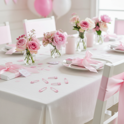 Cute pink mini safety pins scattered on baby shower party table with pink flowers and ribbons baby girl shower theme