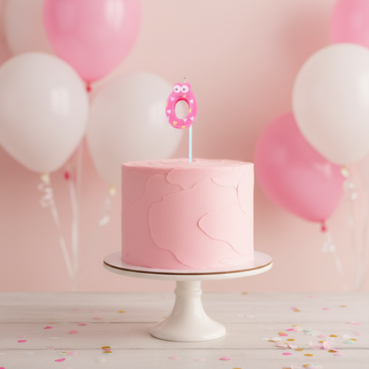 Pink Number 0 candle on pink frosted birthday cake with balloons