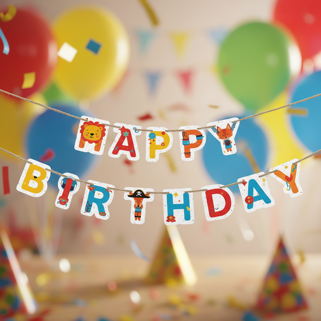 Close up detail of Happy Birthday letter banner with colorful cartoon character tiles