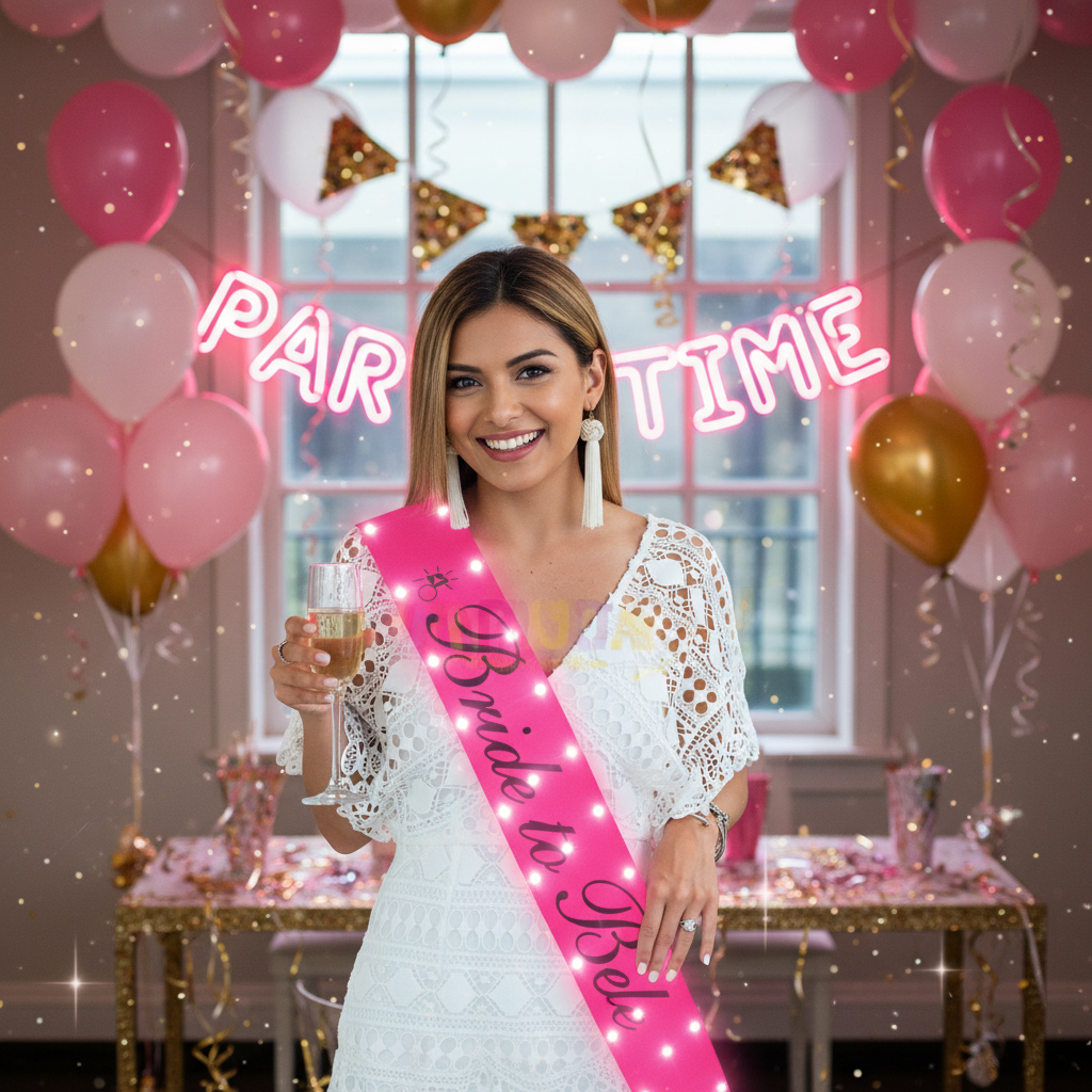 Indian bride-to-be wearing pink LED light up Bride To Be sash at bachelorette party
