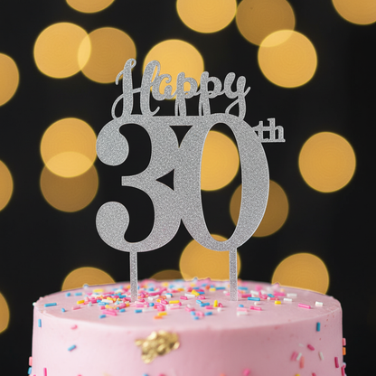 Close up detail of Happy 30th acrylic silver cake topper showing elegant lettering and silver finish