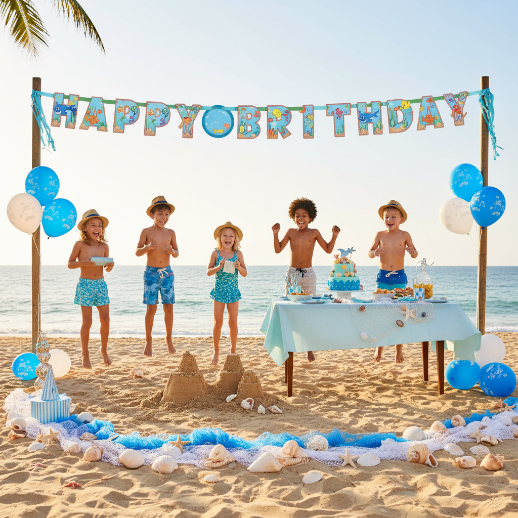 Ocean Buddies Happy Birthday Letter Banner at Beach Themed Birthday Party