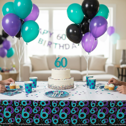 60th Birthday Plastic Tablecover party setup