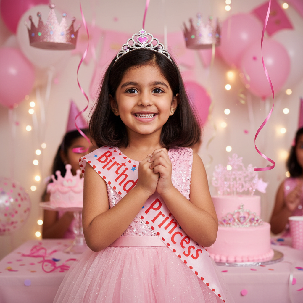 Little Indian girl wearing baby pink Birthday Princess sash at birthday party