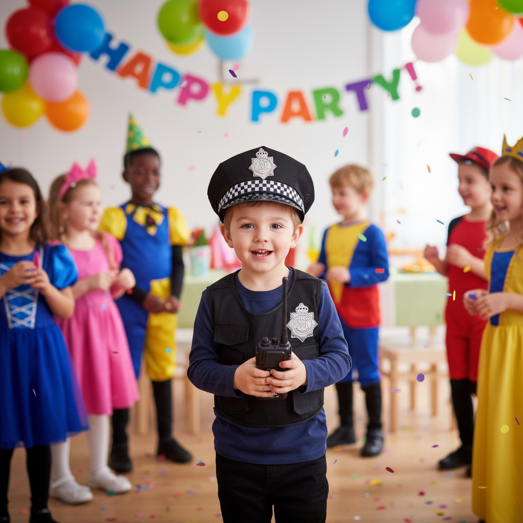 Chequered Police Hat worn by Child at Kids Fancy Dress Party