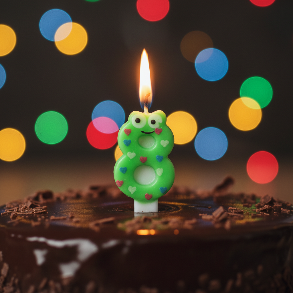 Number 8 Stick Candle on chocolate birthday cake