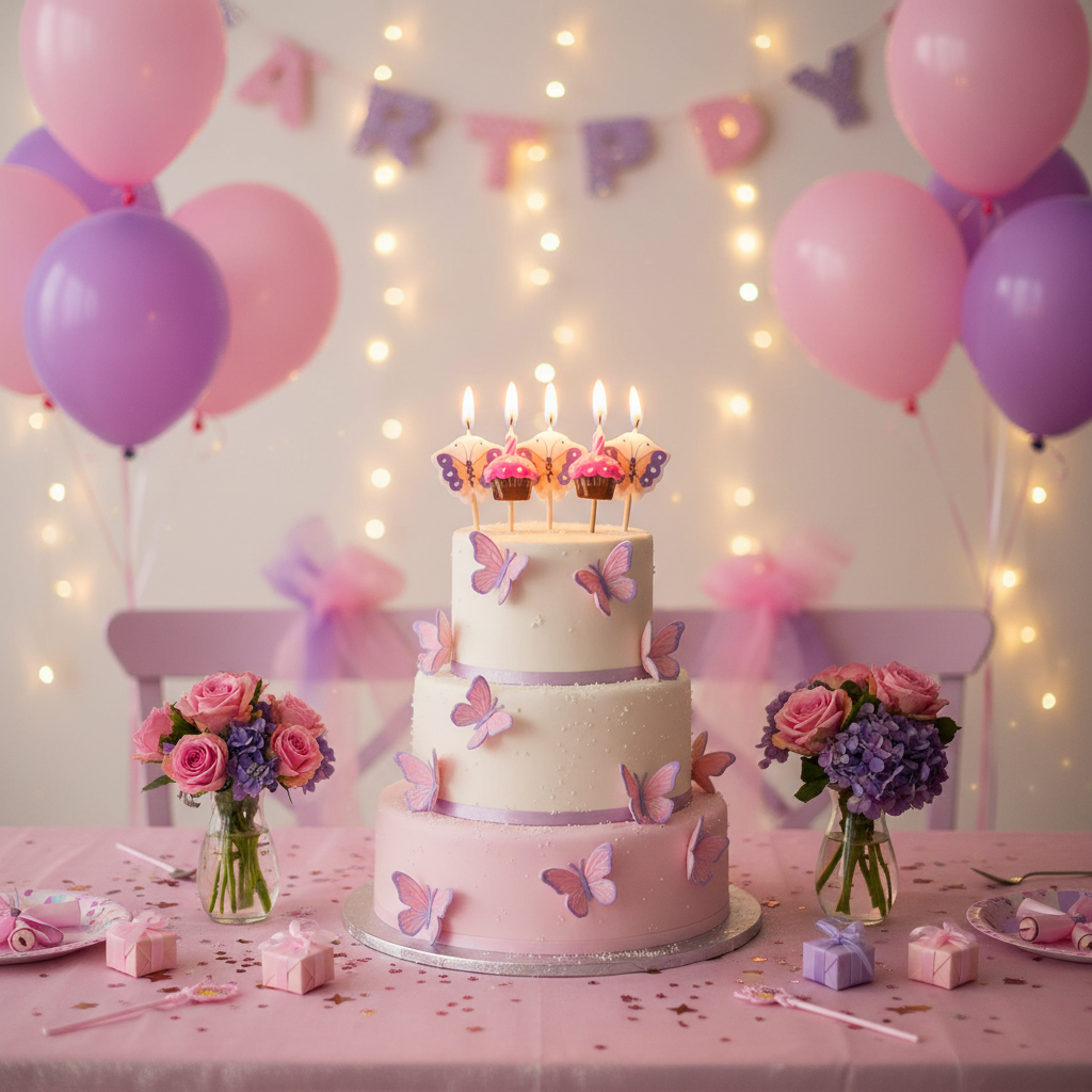 Sweet butterfly birthday candles all lit on tiered birthday cake with pink purple balloons and flowers