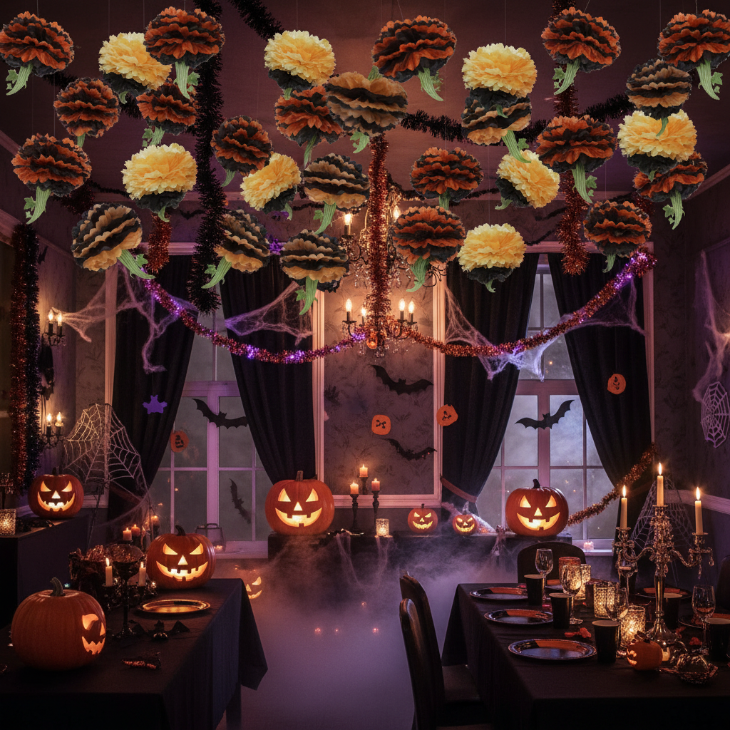 Pumpkin Pom Poms at Halloween Party Ceiling