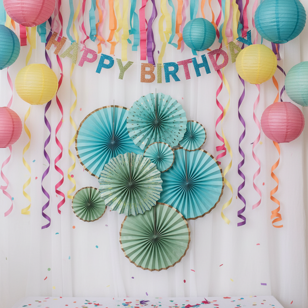Blue Teal Paper Fans at Birthday Party Backdrop