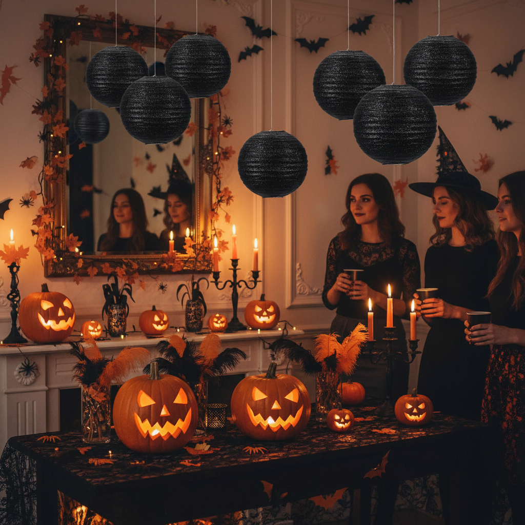 Black Glitter Round Paper Lantern at Halloween Party Decoration
