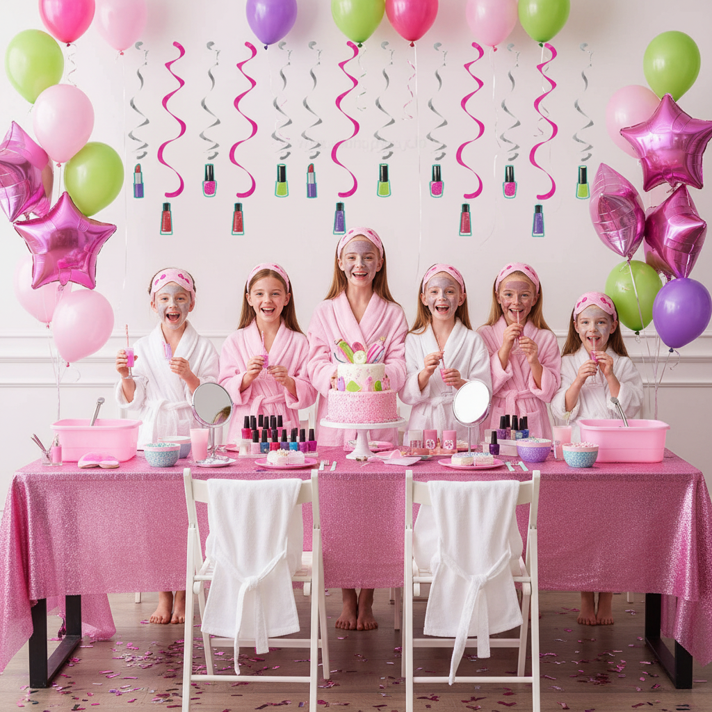 Girls spa pamper birthday party with pink silver swirl danglers nail polish lipstick cutouts pink purple green balloons