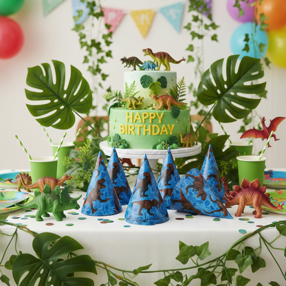 Dinosaur Theme Party Hats at Dino Party Table Setup