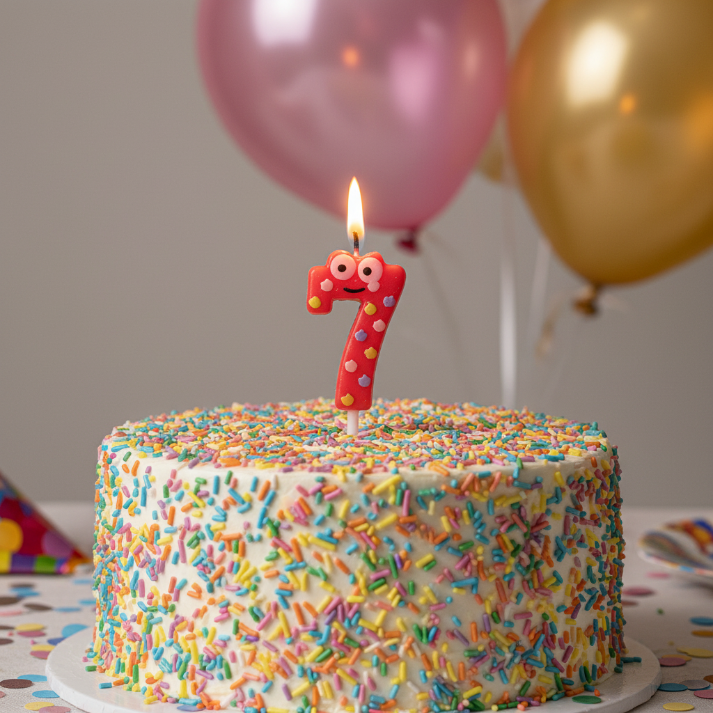 Number 7 Stick Candle on white birthday cake