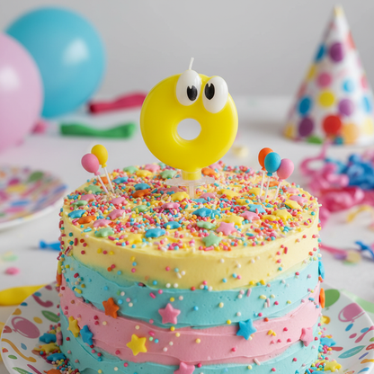 Yellow googly eyes number 0 candle on colorful birthday cake with frosting and sprinkles