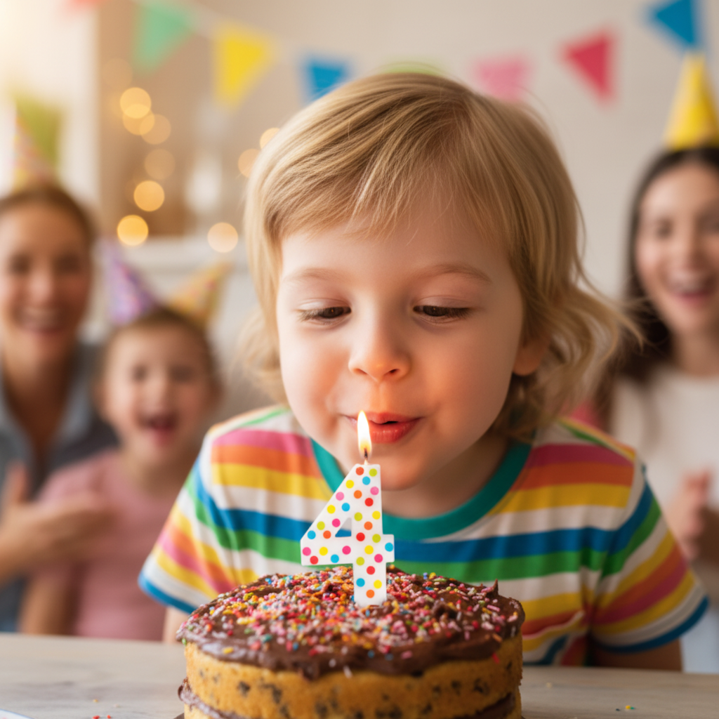 Multicolor polka dot number 4 candle lit on chocolate cake child blowing