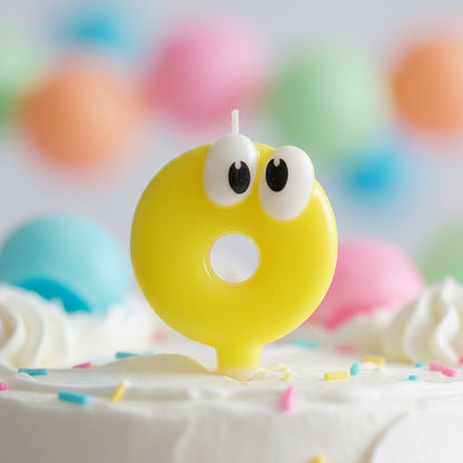 Close up detail of yellow googly eyes number 0 birthday candle showing funny googly eyes and bright yellow color