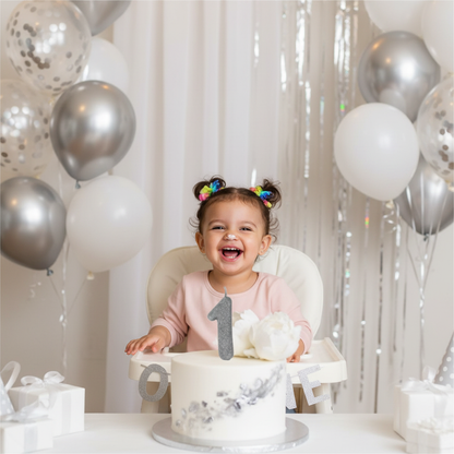 Little girl celebrating first birthday with cake topped with silver glitter number 1 candle