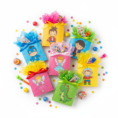 Colorful small kids party favor gift bags flat lay on white background character themed goodie bags for children birthday party