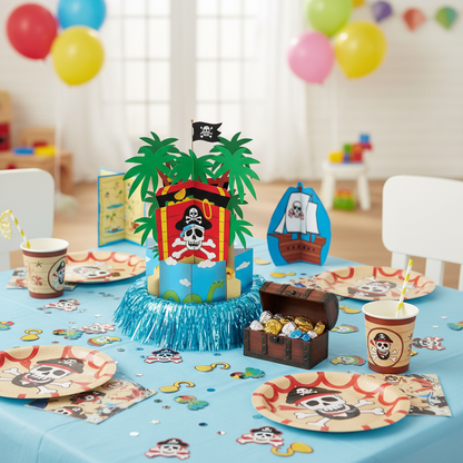 Colorful pirate themed kids birthday party table with pirate ship centerpiece palm trees treasure chest and skull crossbones confetti