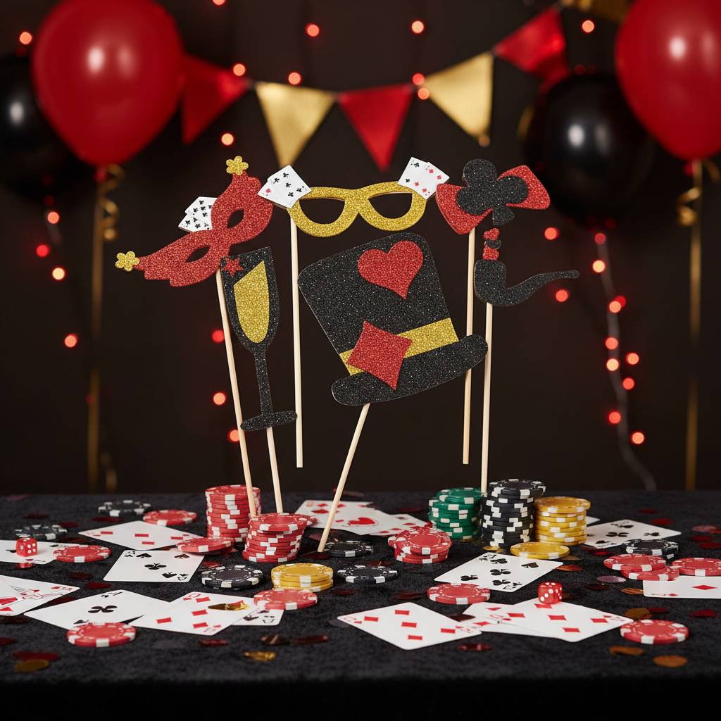 Casino night party table setup with card party photo props