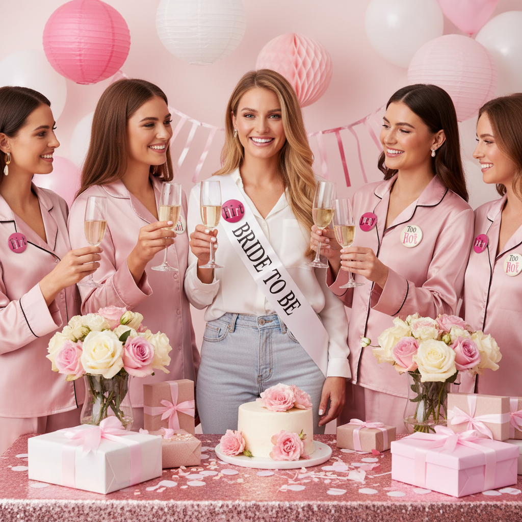 Bride and bridesmaids wearing bachelorette party buttons with pink text badges at hen party