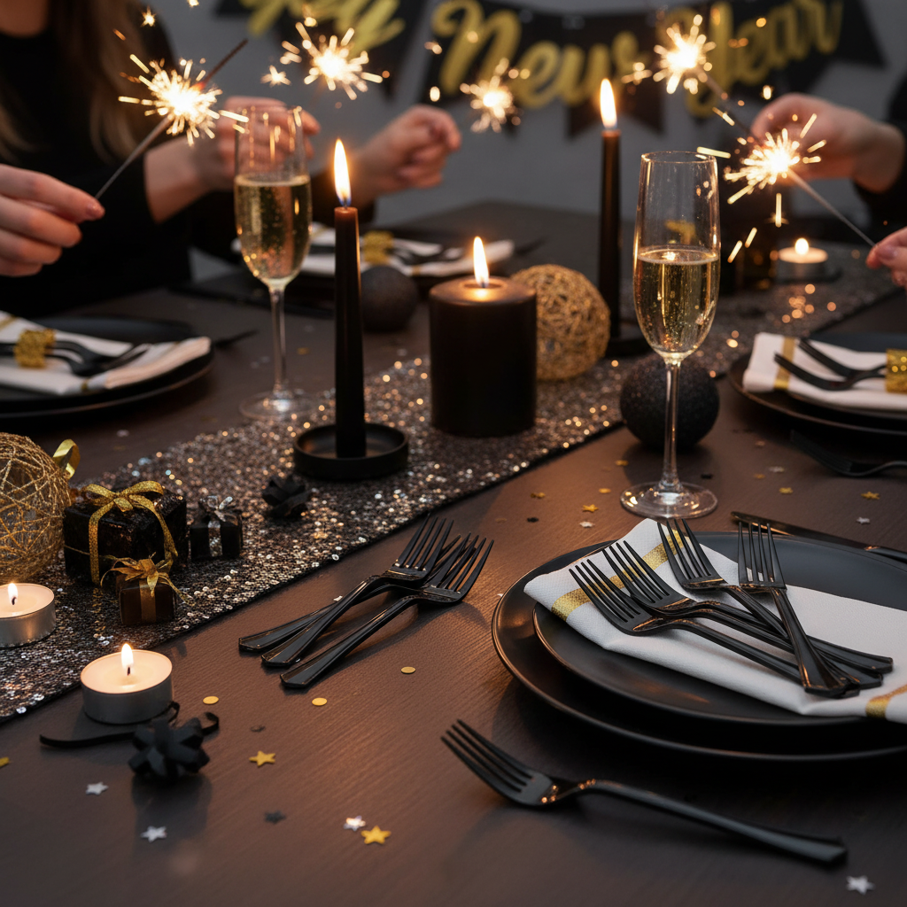 Black plastic forks on New Year's Eve party table with black silver gold decorations champagne glasses confetti and sparklers