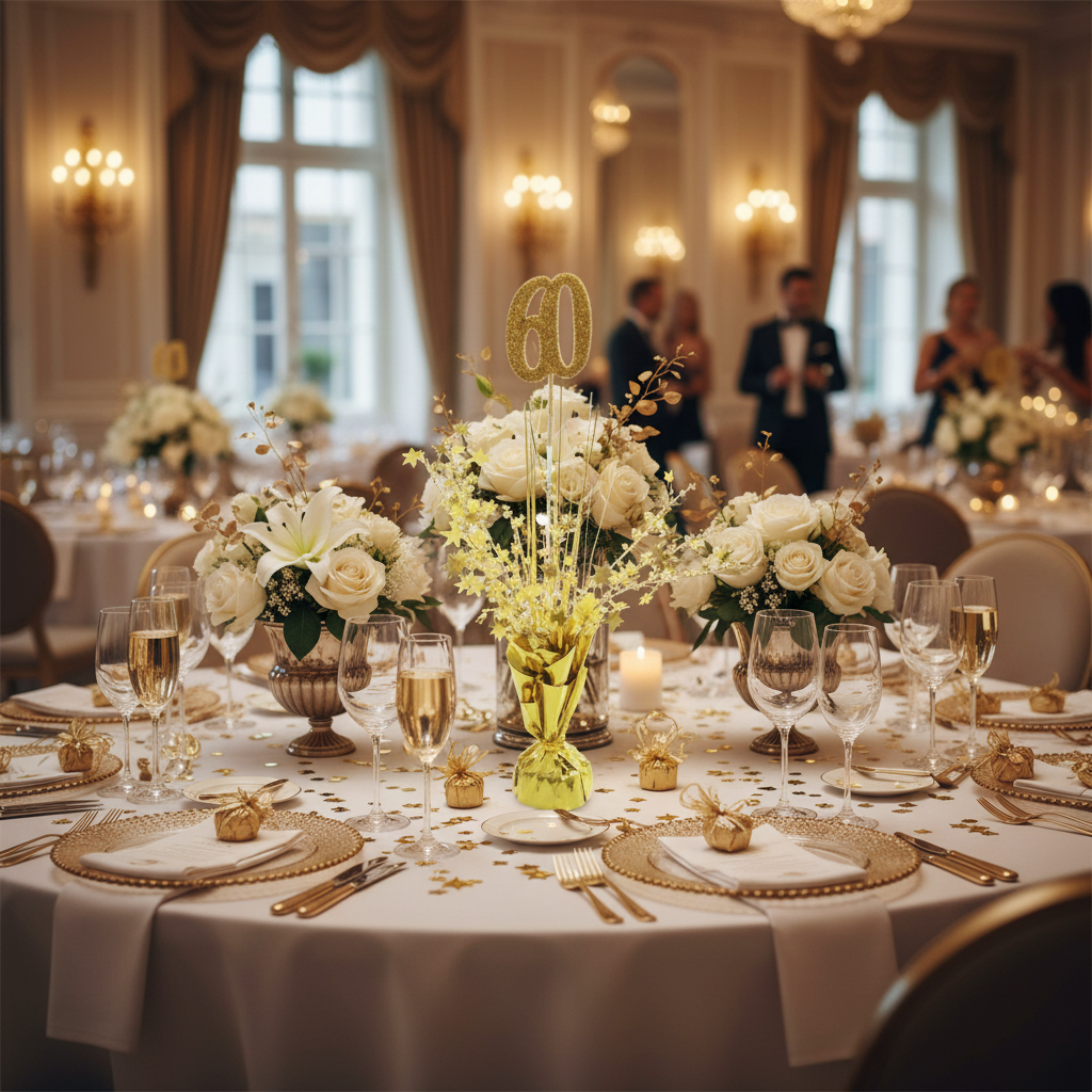 Elegant gold 60th birthday starburst centerpiece with number 60 topper on decorated birthday party table with champagne glasses