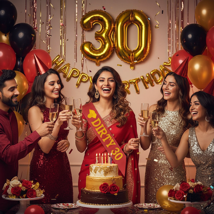 Indian woman wearing Dirty 30 satin sash at 30th birthday party with friends