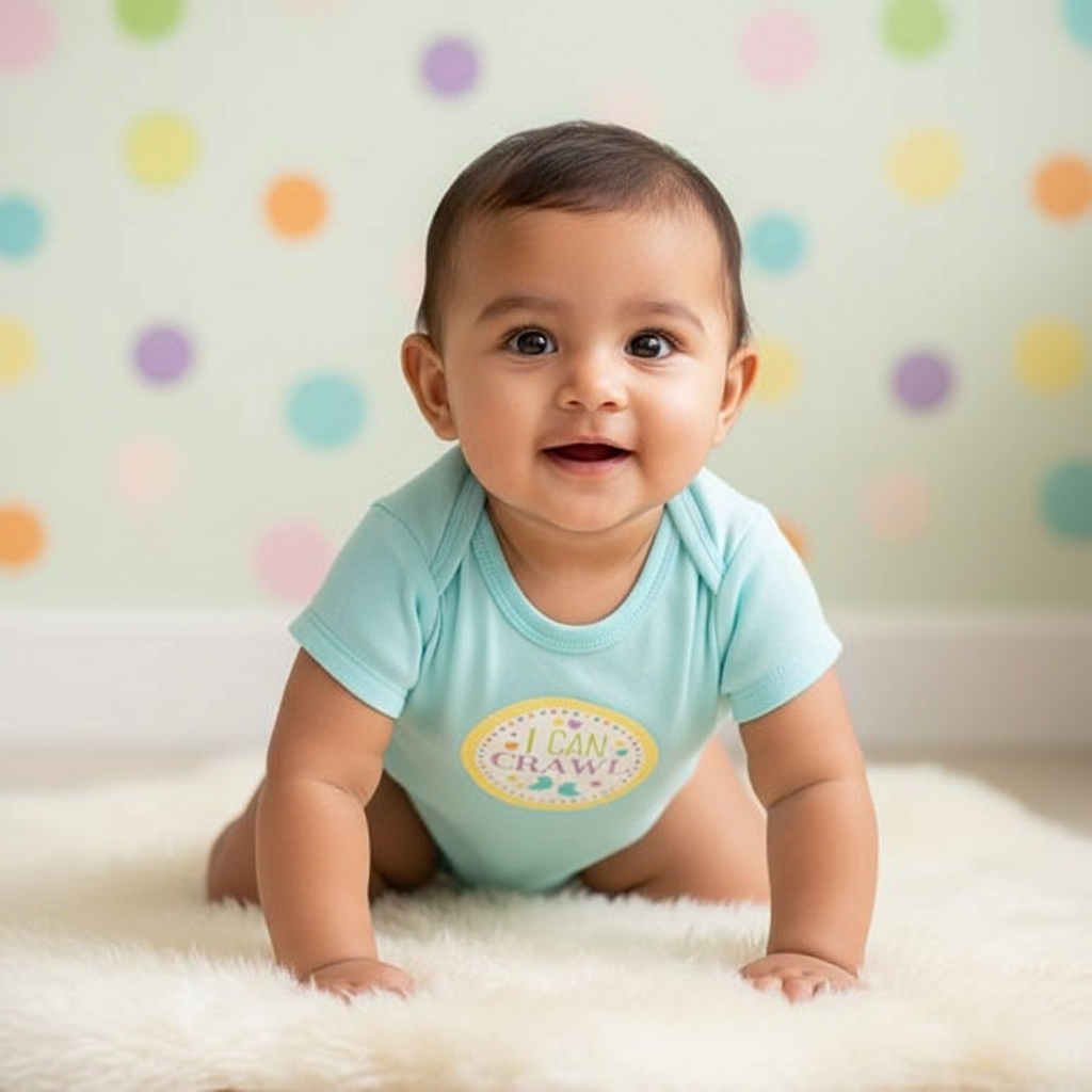 Baby wearing I Can Crawl milestone sticker on onesie