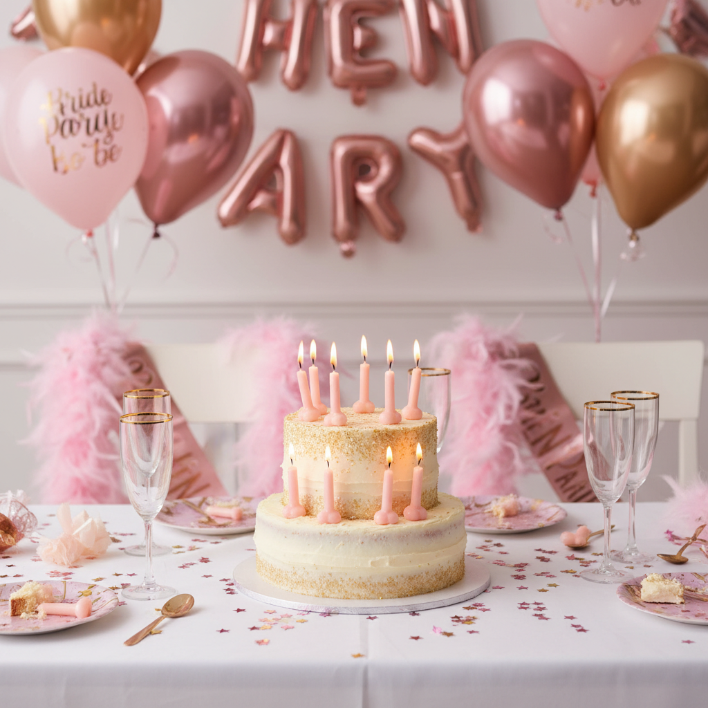 Novelty willy shaped pink candles on bachelorette party cake with pink gold balloons and decorations