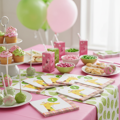 Sweet At 1 napkins fanned out on 1st birthday dessert table with cupcakes and treats