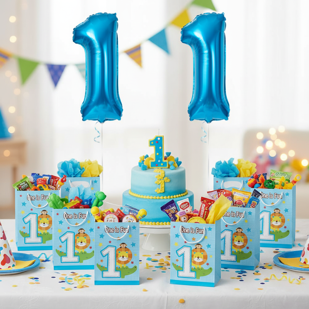 One is Fun Boy Loot Bags at Baby Boy 1st Birthday Party Table