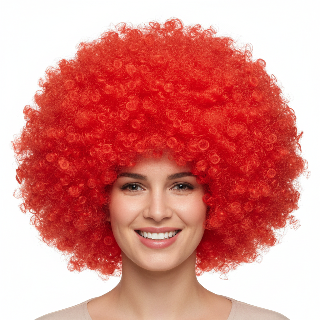 Person wearing giant red afro wig front view