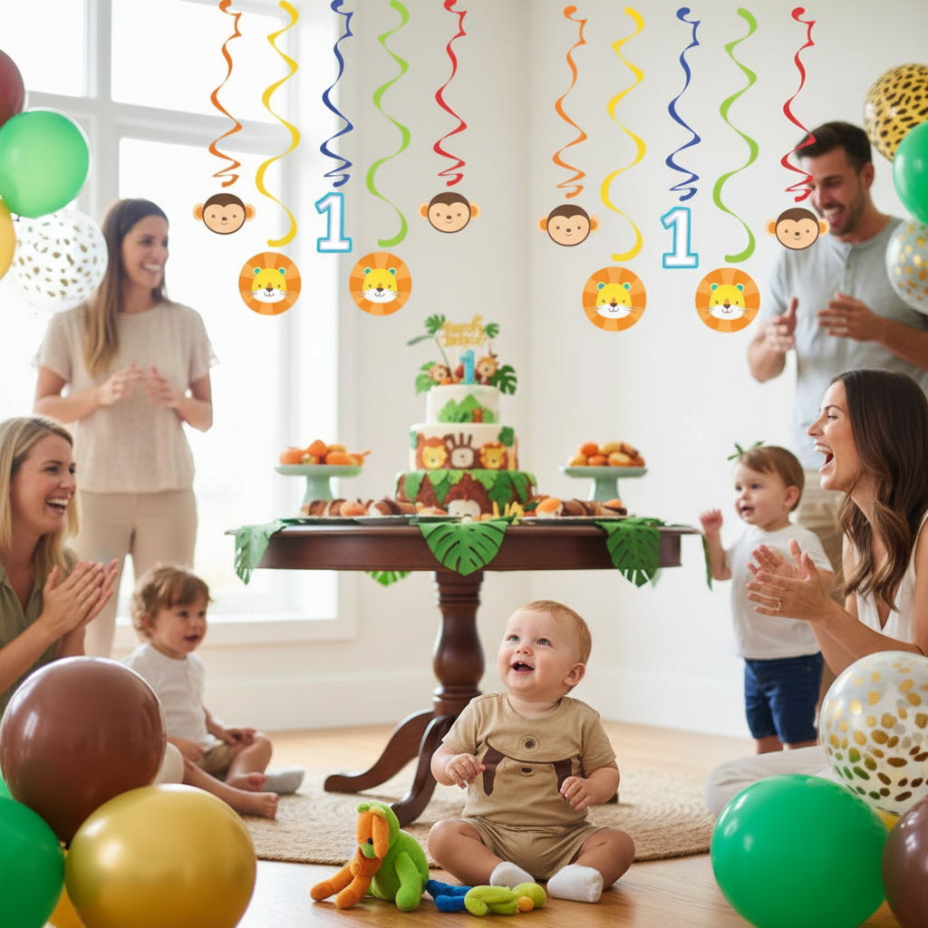 Baby boy first birthday jungle safari party with colorful swirl danglers monkey lion faces balloons and cake table