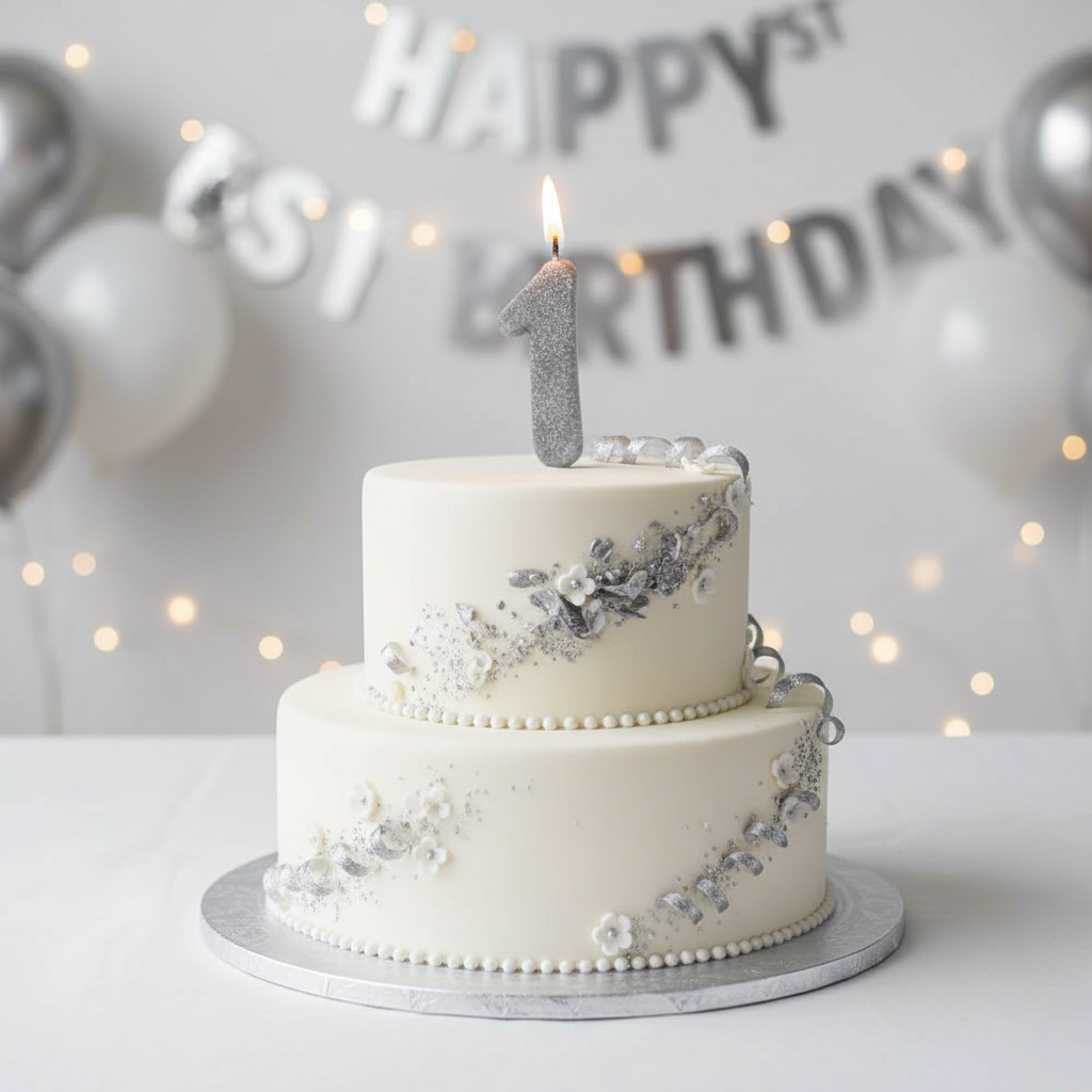Silver glitter number 1 birthday candle on white first birthday cake with silver white decorations