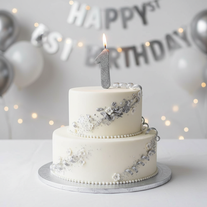 Silver glitter number 1 birthday candle on white first birthday cake with silver white decorations