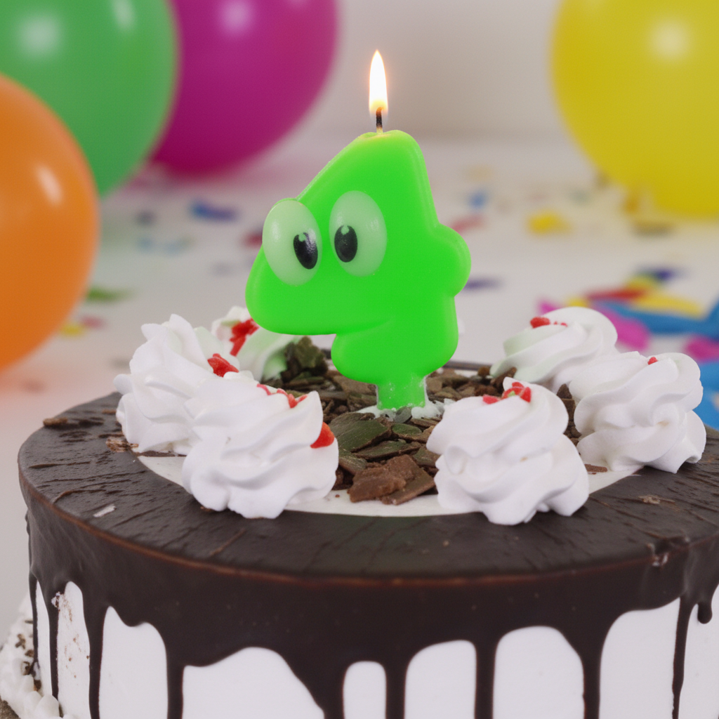 Green googly eyes number 4 candle on chocolate drip birthday cake with white cream and festive decorations
