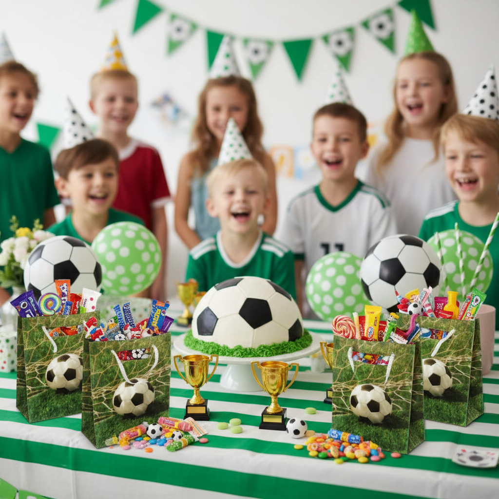 Soccer Theme Loot Bags at Kids Soccer Themed Birthday Party Table