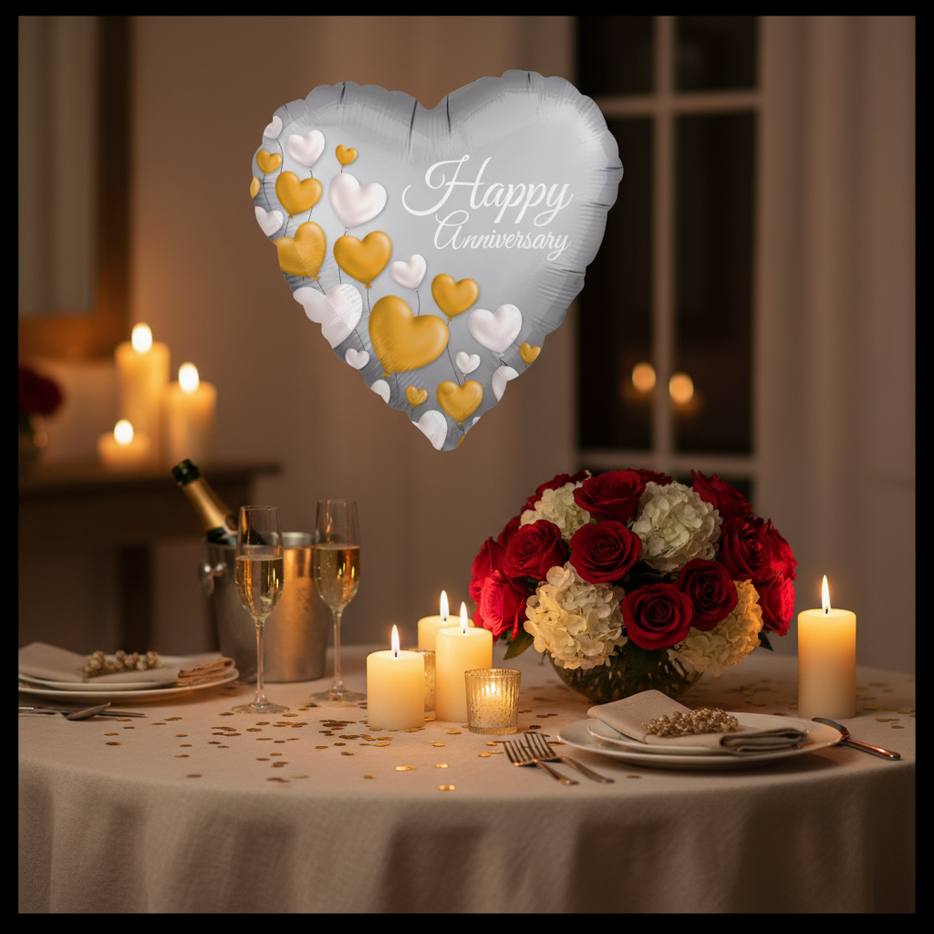 Happy Anniversary Platinum Heart Balloon - Anniversary Dinner Table