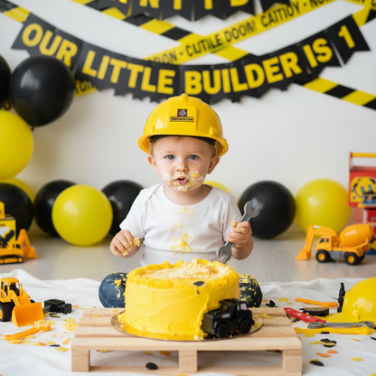 Under Construction Kids Party Hat at First Birthday Smash Cake Setup