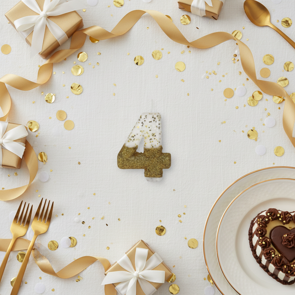 Semi glitter gold and white number 4 candle flat lay with gold ribbons gift boxes and party decor