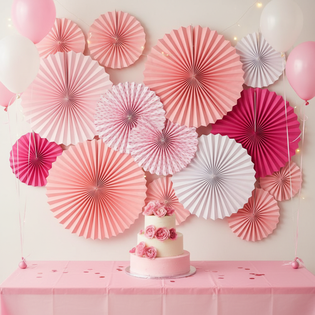 Pink paper fan decorations hanging at a birthday party wall backdrop