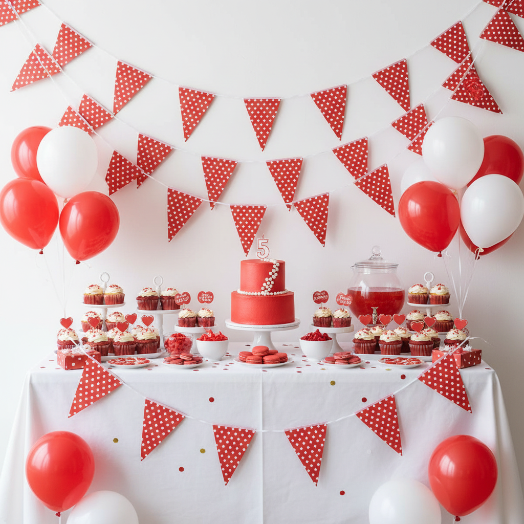 Red polka dot bunting strung across birthday dessert table with red themed cake and treats