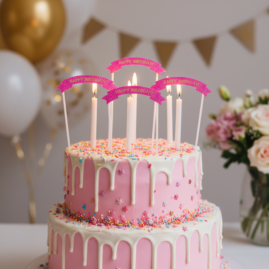 Hot pink Happy Birthday arch banner cake toppers on pink birthday cake with white frosting and sprinkles