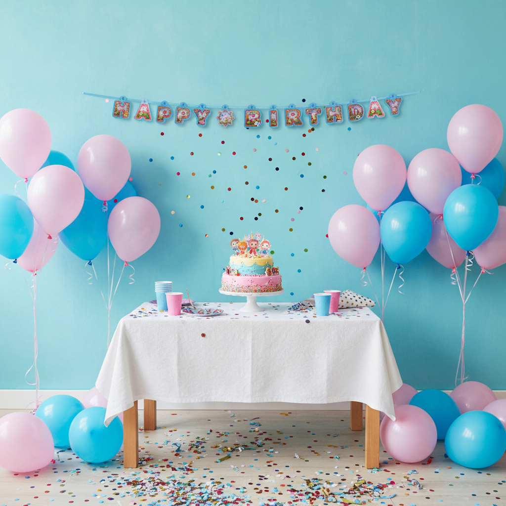 Happy Birthday letter banner hung on wall at kids birthday party with balloons and cake