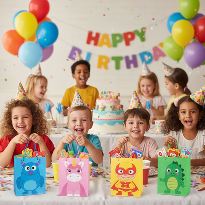 Children happily receiving colorful character gift bags at fun kids birthday party with balloons cake and decorations
