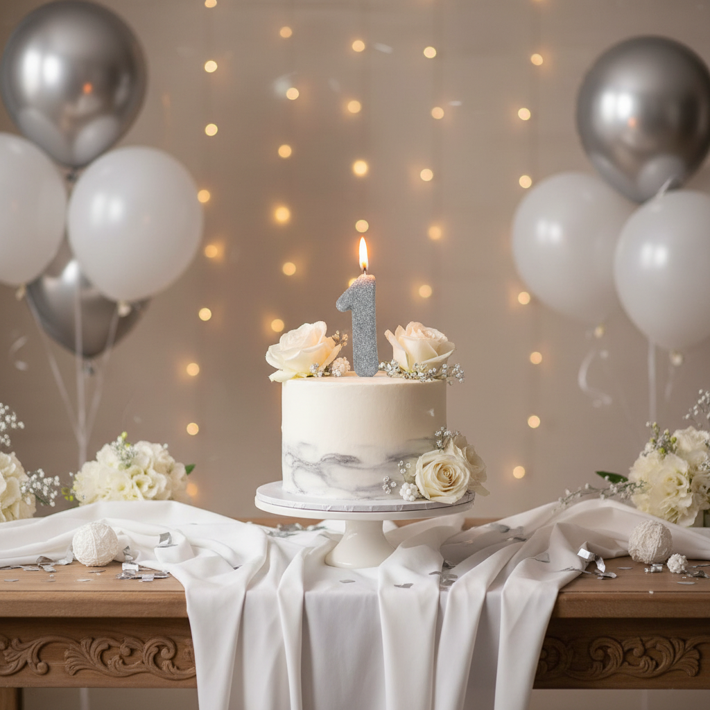 Silver glitter number 1 birthday candle lit and glowing on cake with silver white balloons and fairy lights
