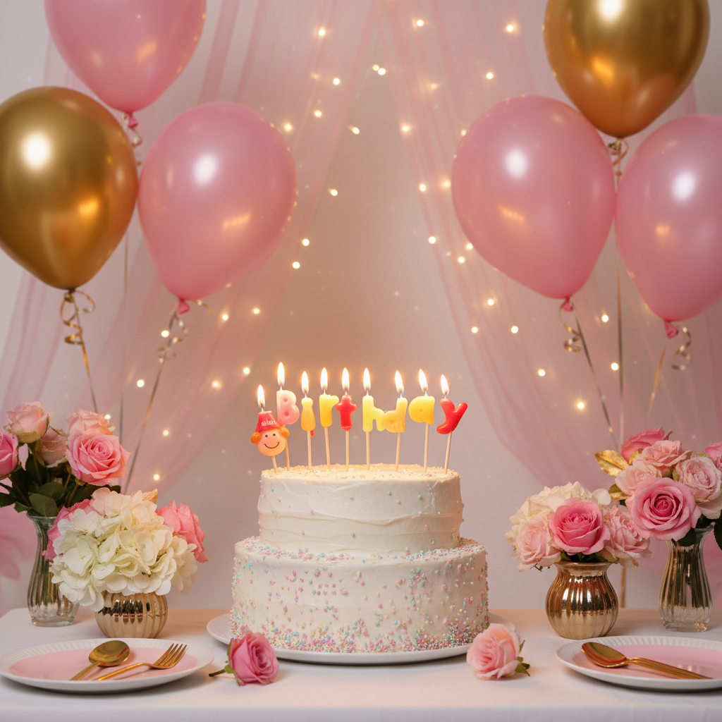 Colorful Birthday Girl letter candles lit and glowing on birthday cake with pink gold balloons and flowers